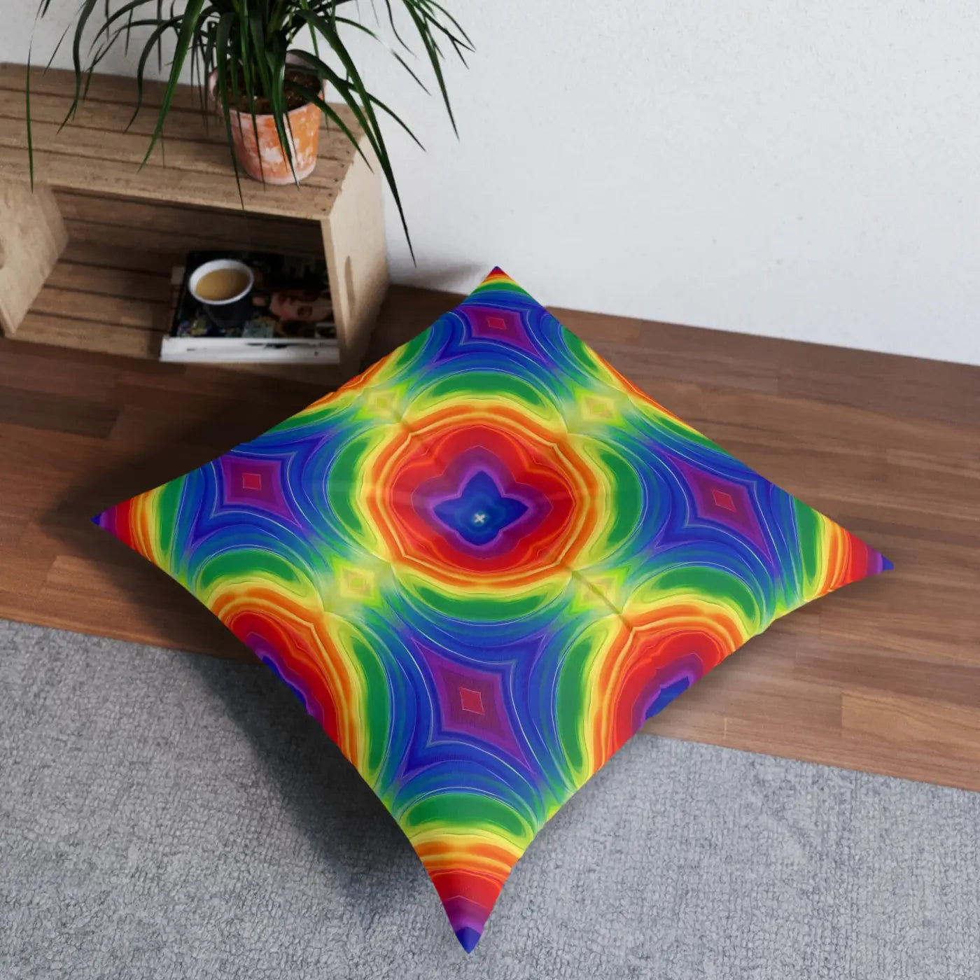 Vibrant Boho Rainbow Tufted Floor Pillow - Kaleidoscope Style - DipaliZ