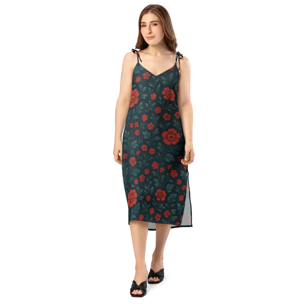 Floral Midi Dress - Red Flowers with Built-In Bra Support - DipaliZ