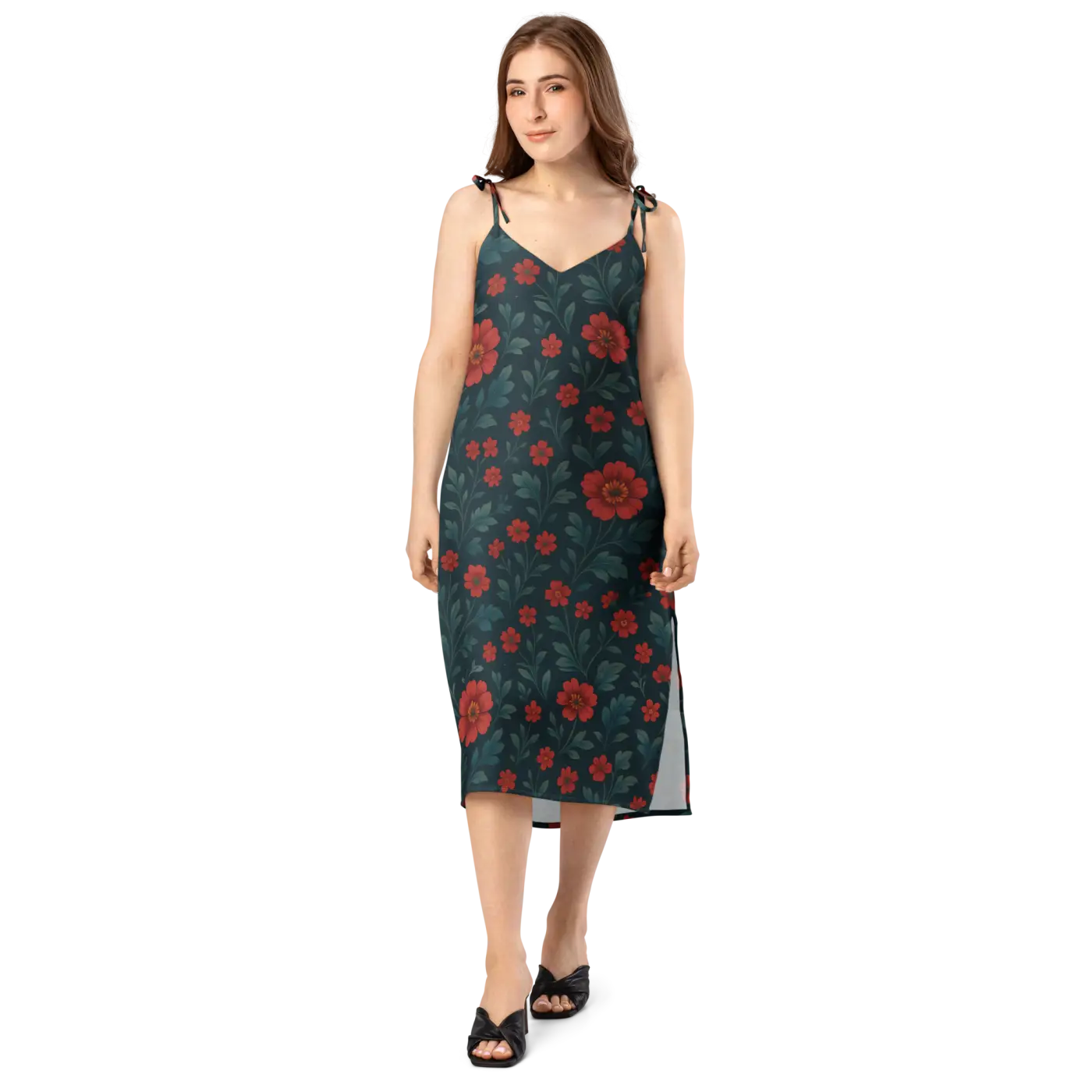 Floral Midi Dress - Red Flowers with Built-In Bra Support - DipaliZ