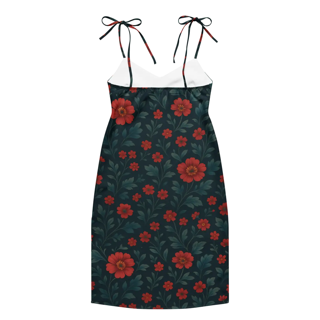 Floral Midi Dress - Red Flowers with Built-In Bra Support - DipaliZ