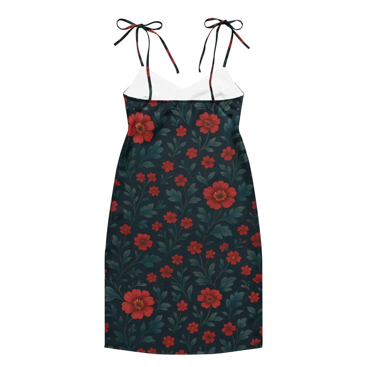 Floral Midi Dress - Red Flowers with Built-In Bra Support - DipaliZ