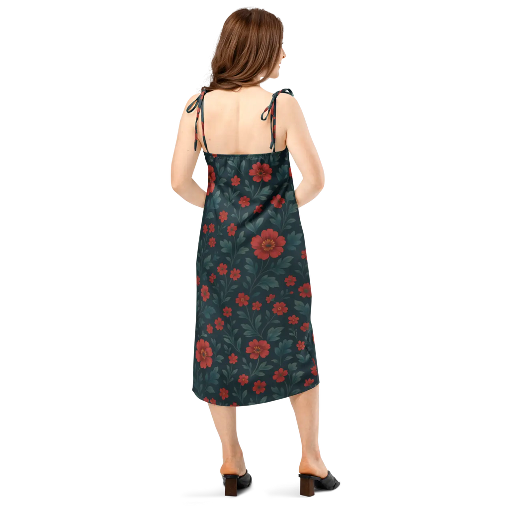 Floral Midi Dress - Red Flowers with Built-In Bra Support - DipaliZ