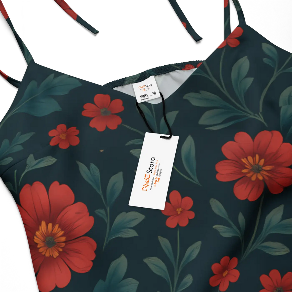 Floral Midi Dress - Red Flowers with Built-In Bra Support - DipaliZ