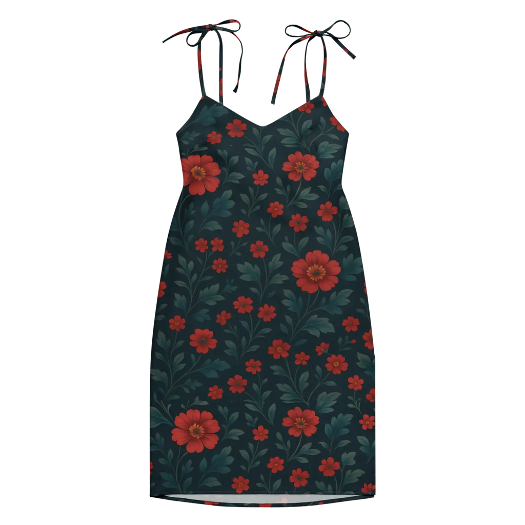 Floral Midi Dress - Red Flowers with Built-In Bra Support - DipaliZ