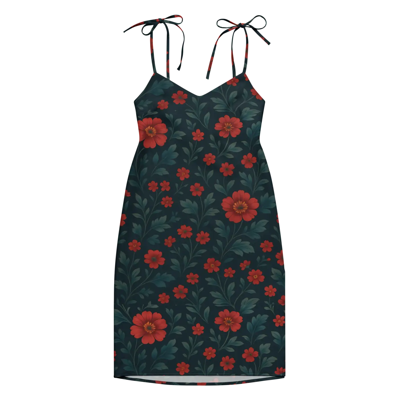 Floral Midi Dress - Red Flowers with Built-In Bra Support - DipaliZ