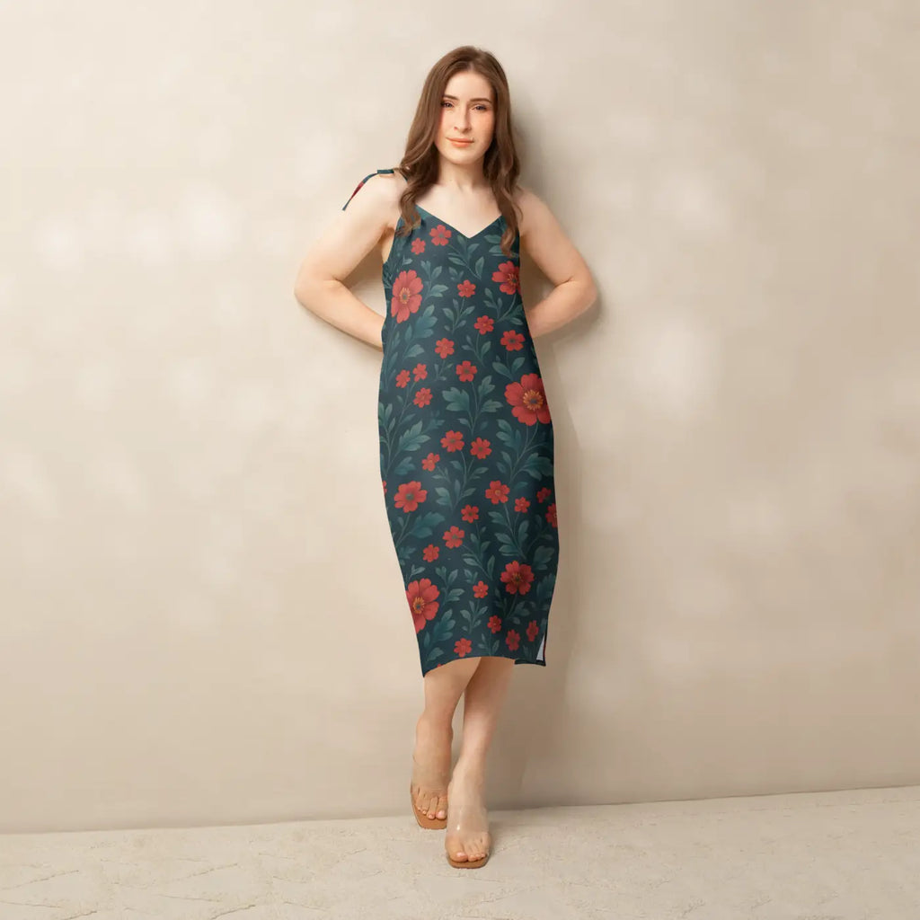 Floral Midi Dress - Red Flowers with Built-In Bra Support - DipaliZ