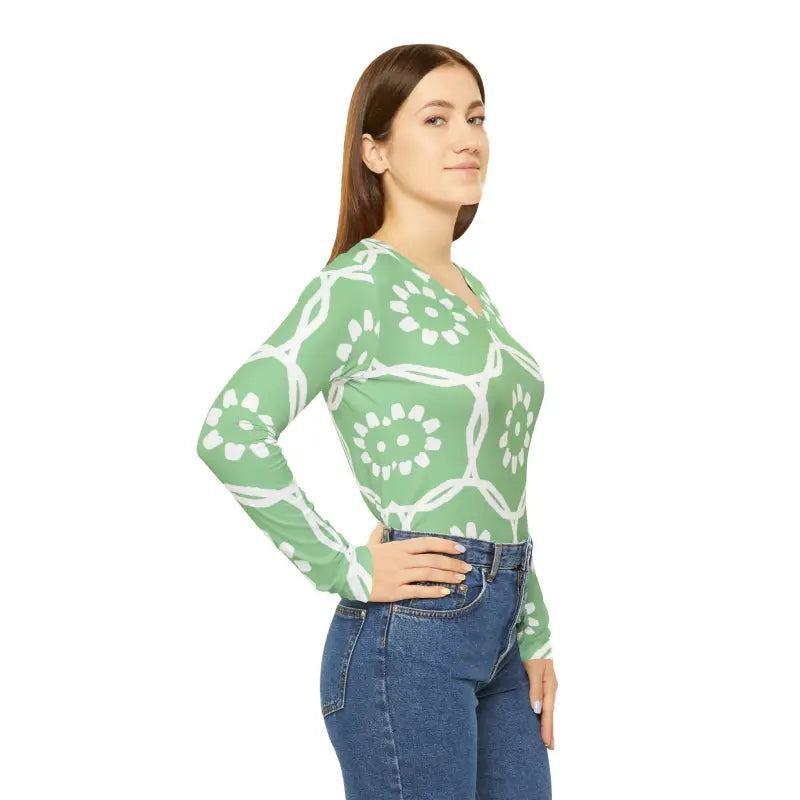 Long Sleeve V Neck Red Pattern Tee - DipaliZ