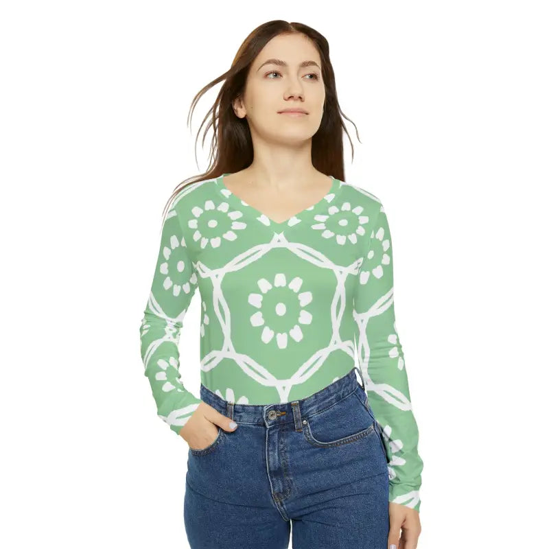 Long Sleeve V Neck Red Pattern Tee - DipaliZ