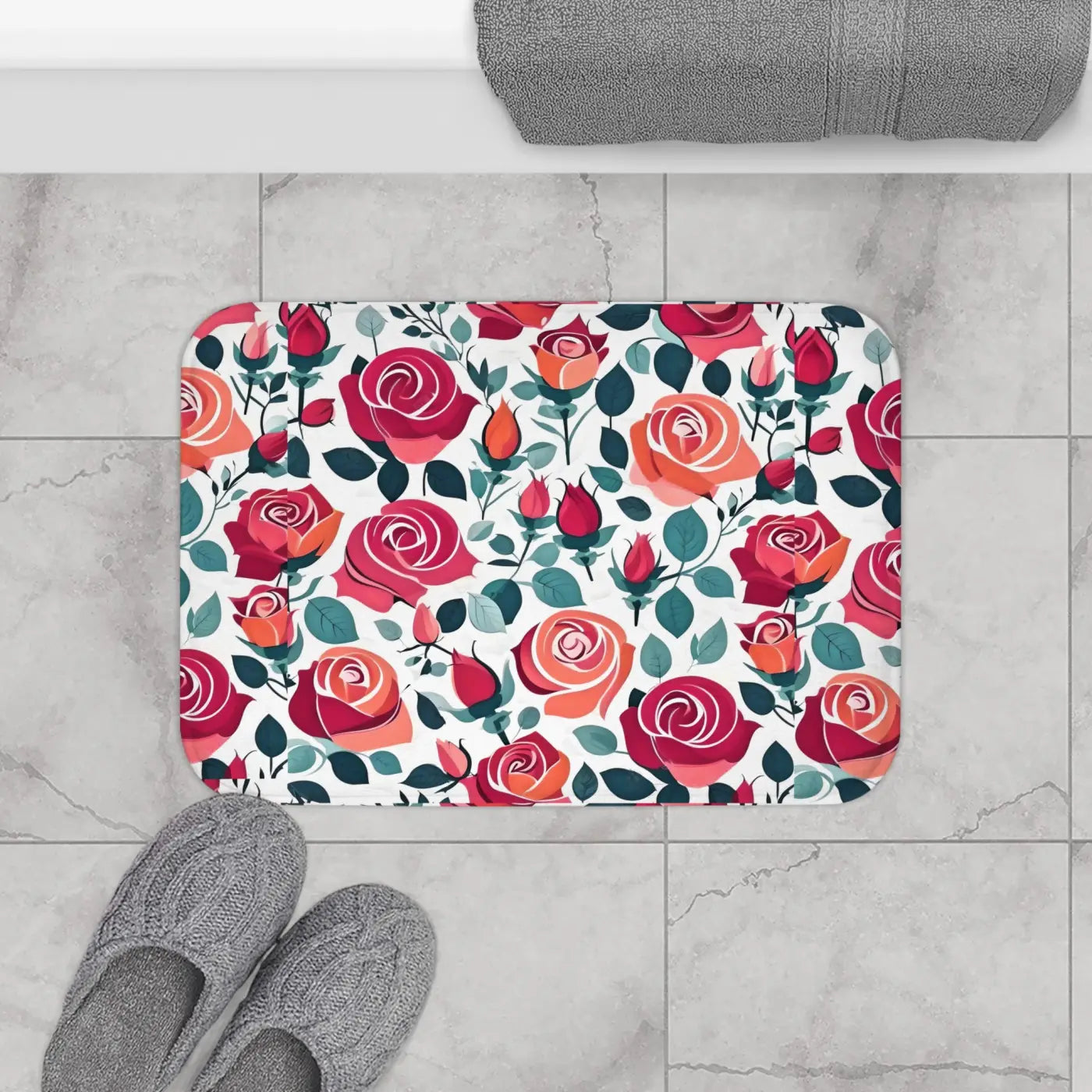 Red Rose Bath Mat - Plush Floral Bathroom Decor - DipaliZ