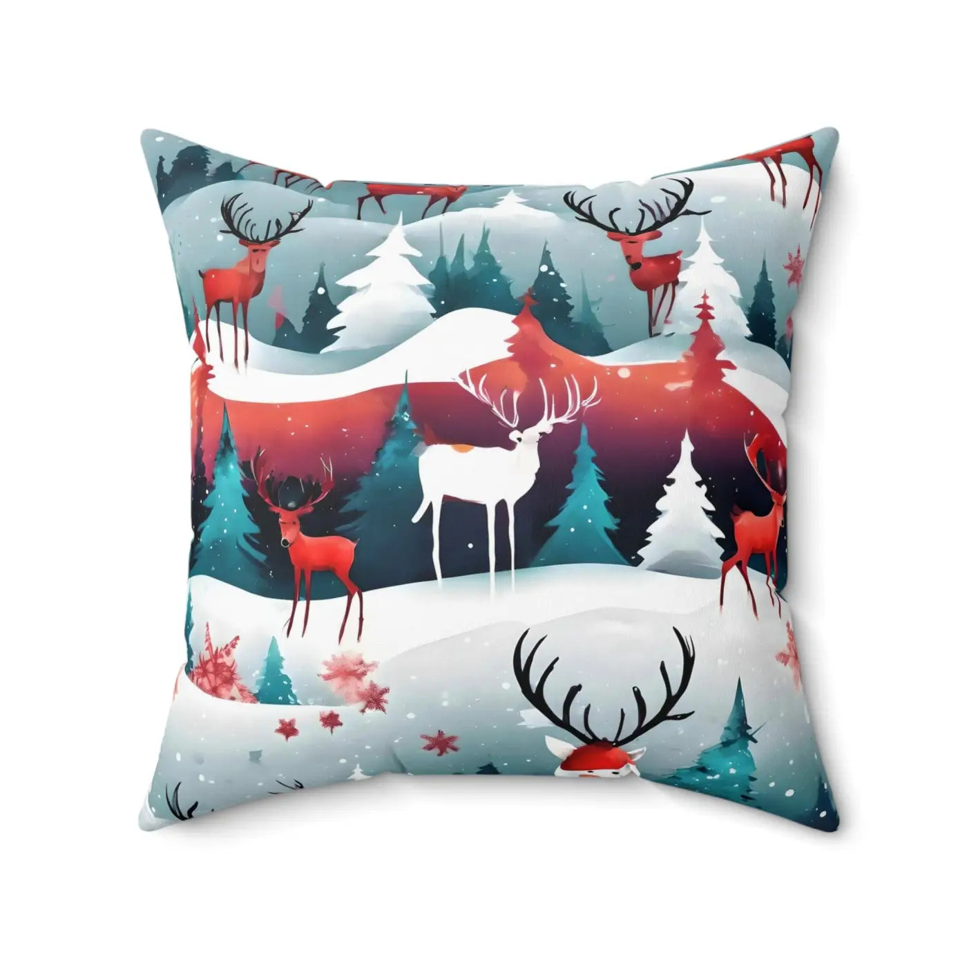 Festive Reindeer Polyester Square Pillow - Spruce Trees Christmas - DipaliZ