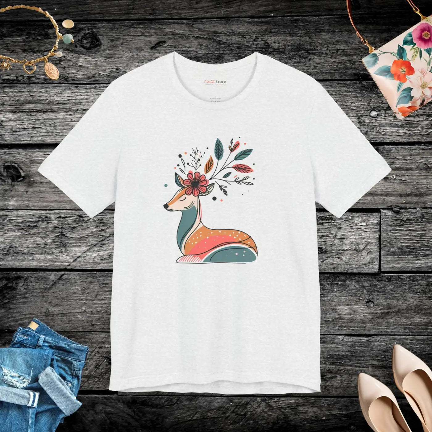 Reindeer Unisex Jersey Short Sleeve Tee - Christmas Floral - DipaliZ