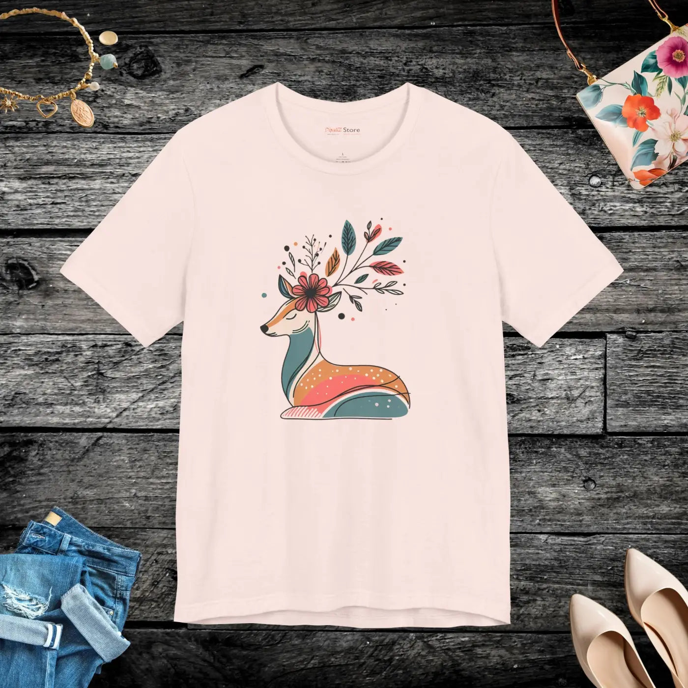 Reindeer Unisex Jersey Short Sleeve Tee - Christmas Floral - DipaliZ