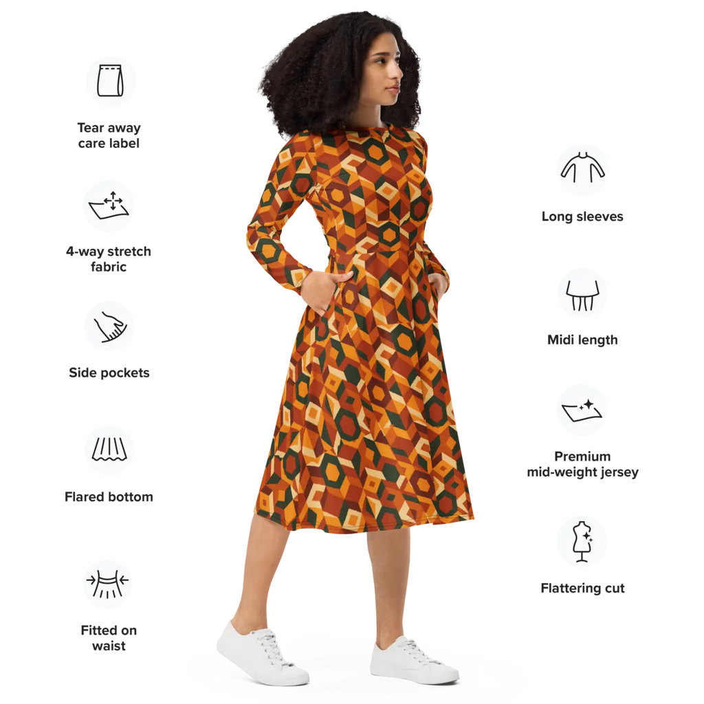 Retro Orange Geometric Print Long Sleeve Midi Dress - DipaliZ