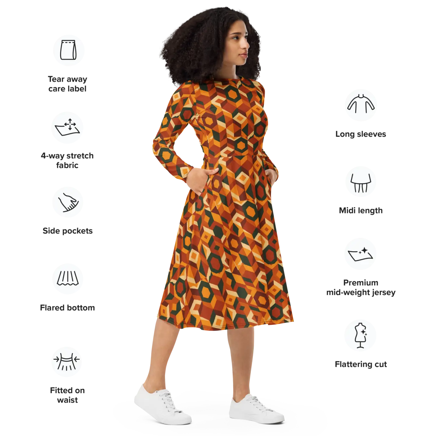 Retro Orange Geometric Print Long Sleeve Midi Dress - DipaliZ
