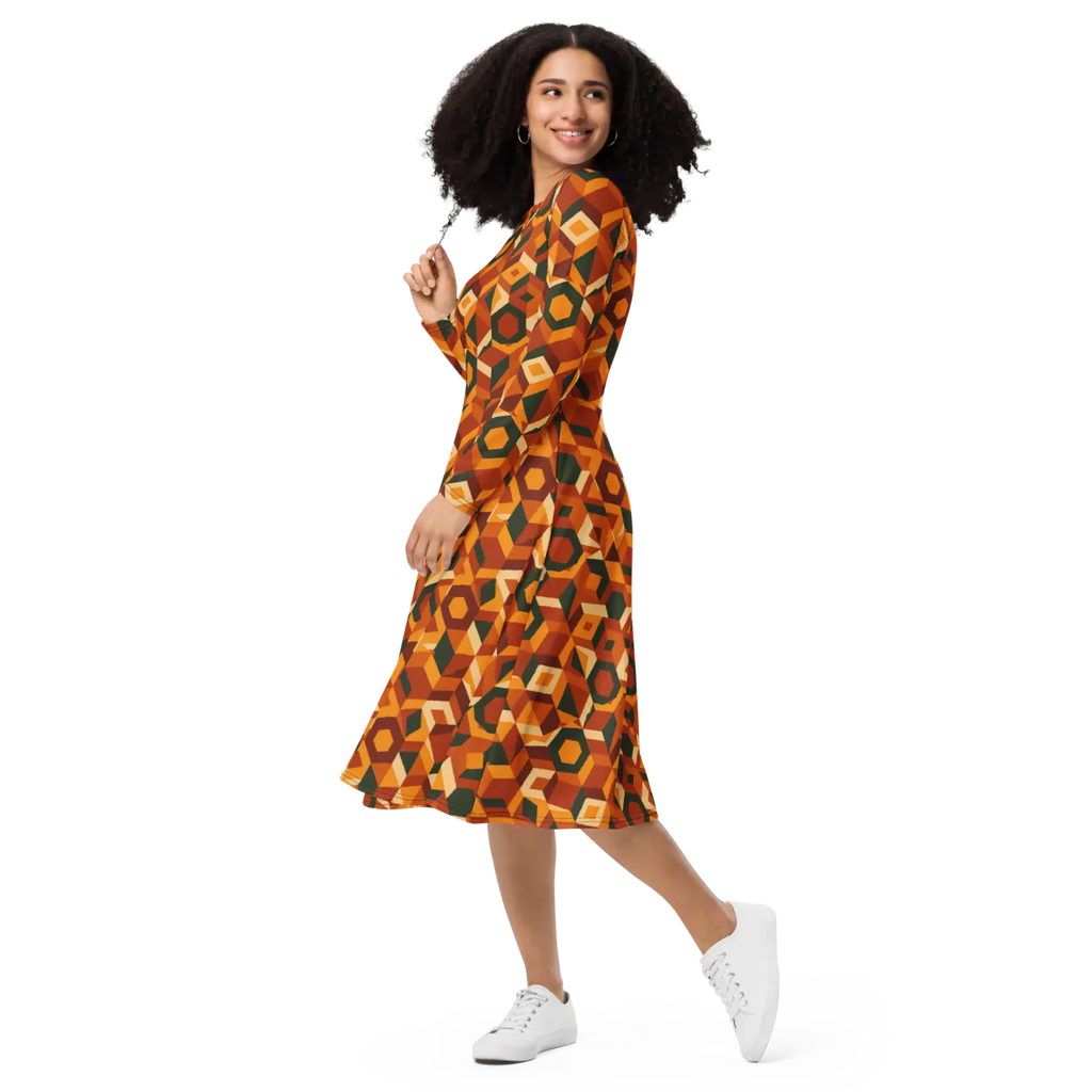 Retro Orange Geometric Print Long Sleeve Midi Dress - DipaliZ
