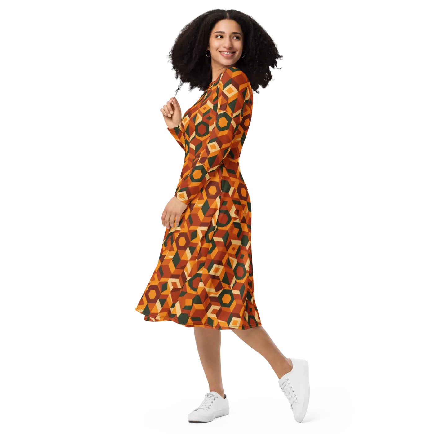 Retro Orange Geometric Print Long Sleeve Midi Dress - DipaliZ