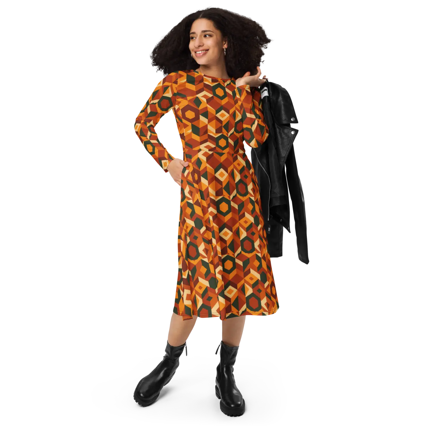 Retro Orange Geometric Print Long Sleeve Midi Dress - DipaliZ