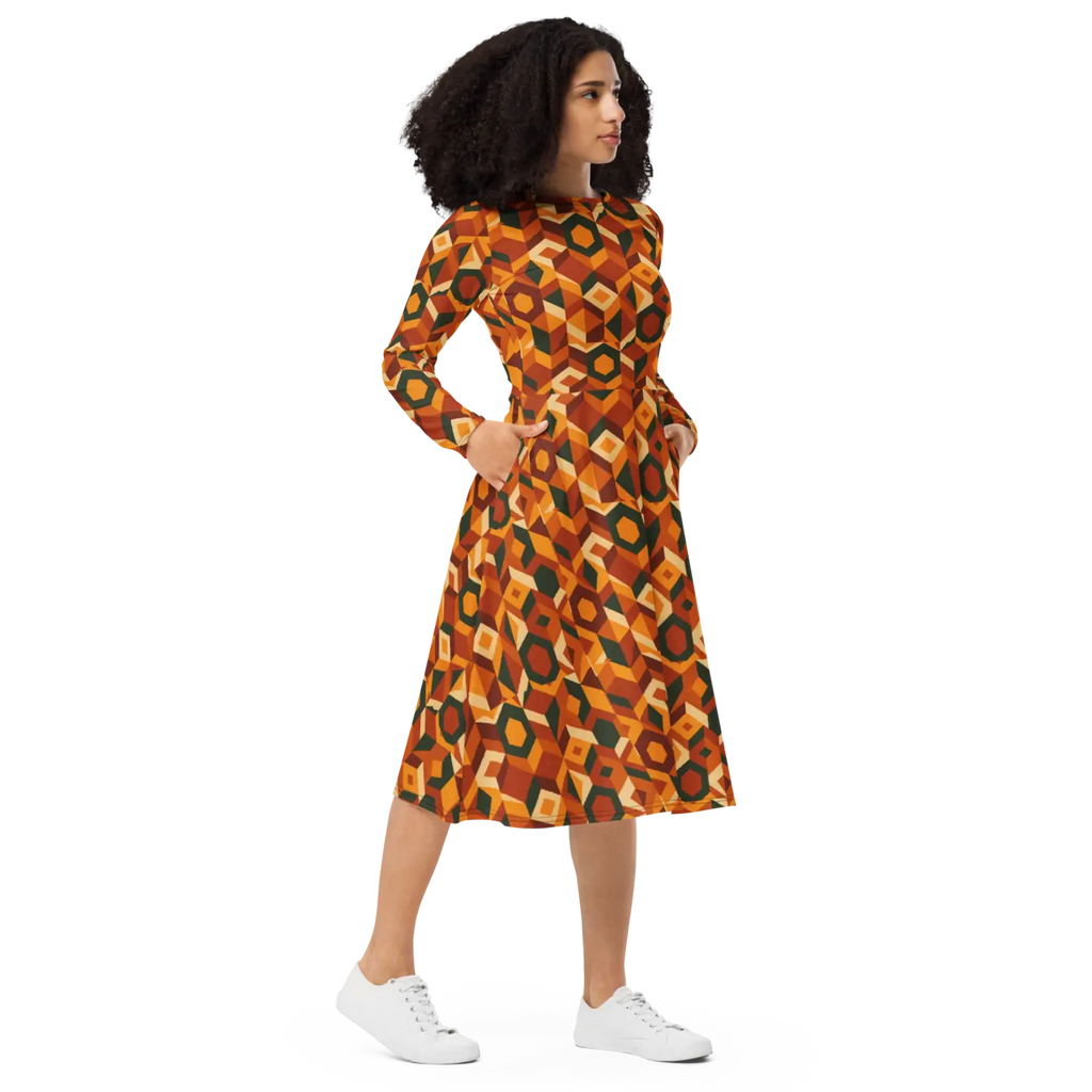 Retro Orange Geometric Print Long Sleeve Midi Dress - DipaliZ