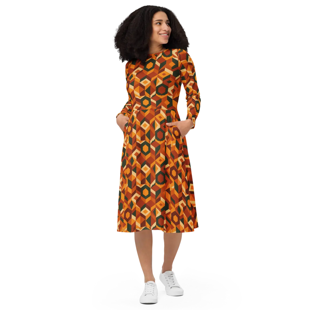 Retro Orange Geometric Print Long Sleeve Midi Dress - DipaliZ
