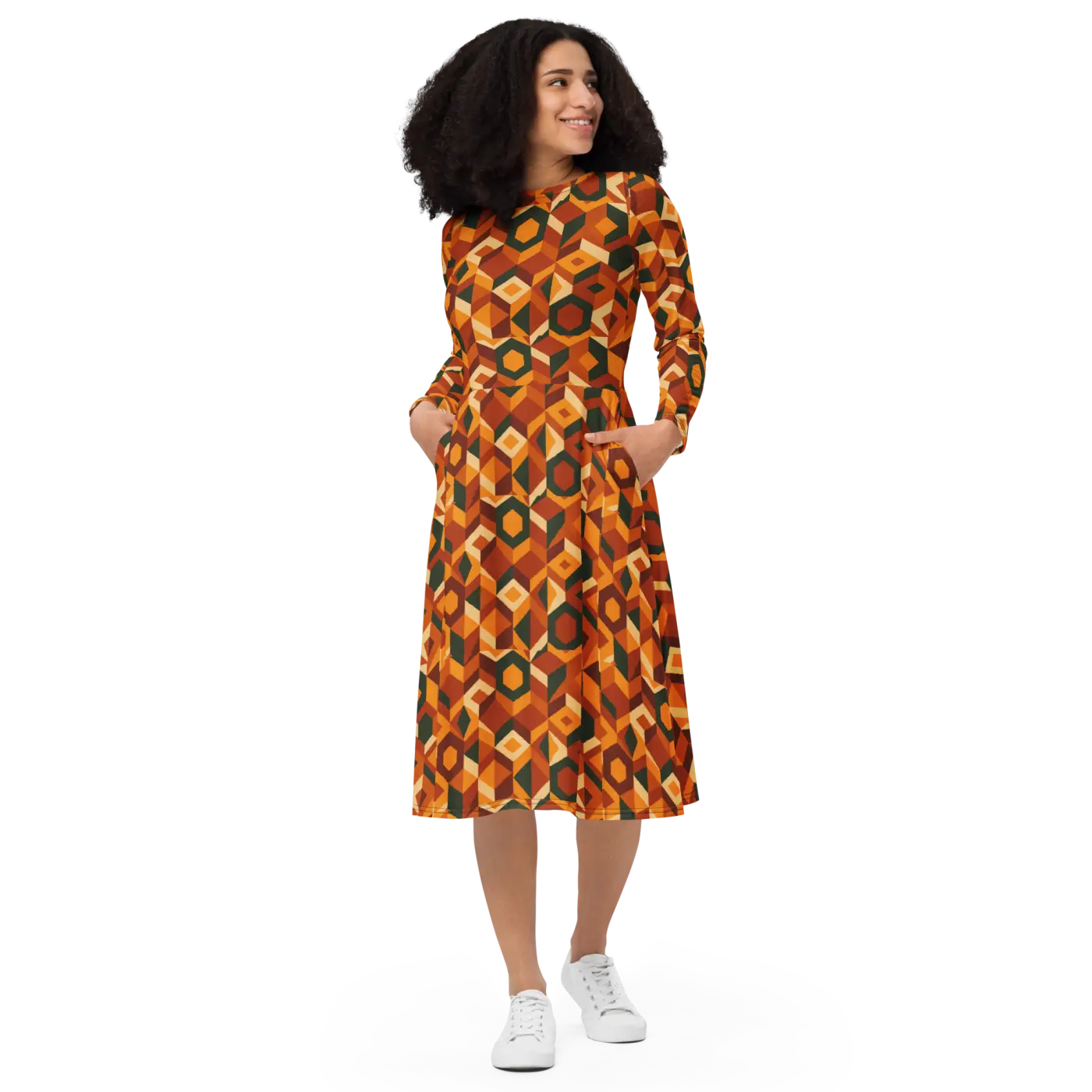Retro Orange Geometric Print Long Sleeve Midi Dress - DipaliZ