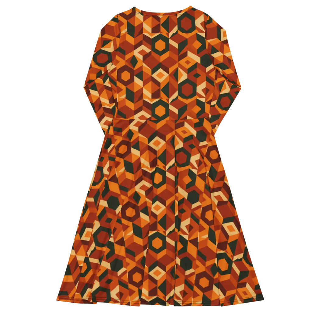 Retro Orange Geometric Print Long Sleeve Midi Dress - DipaliZ
