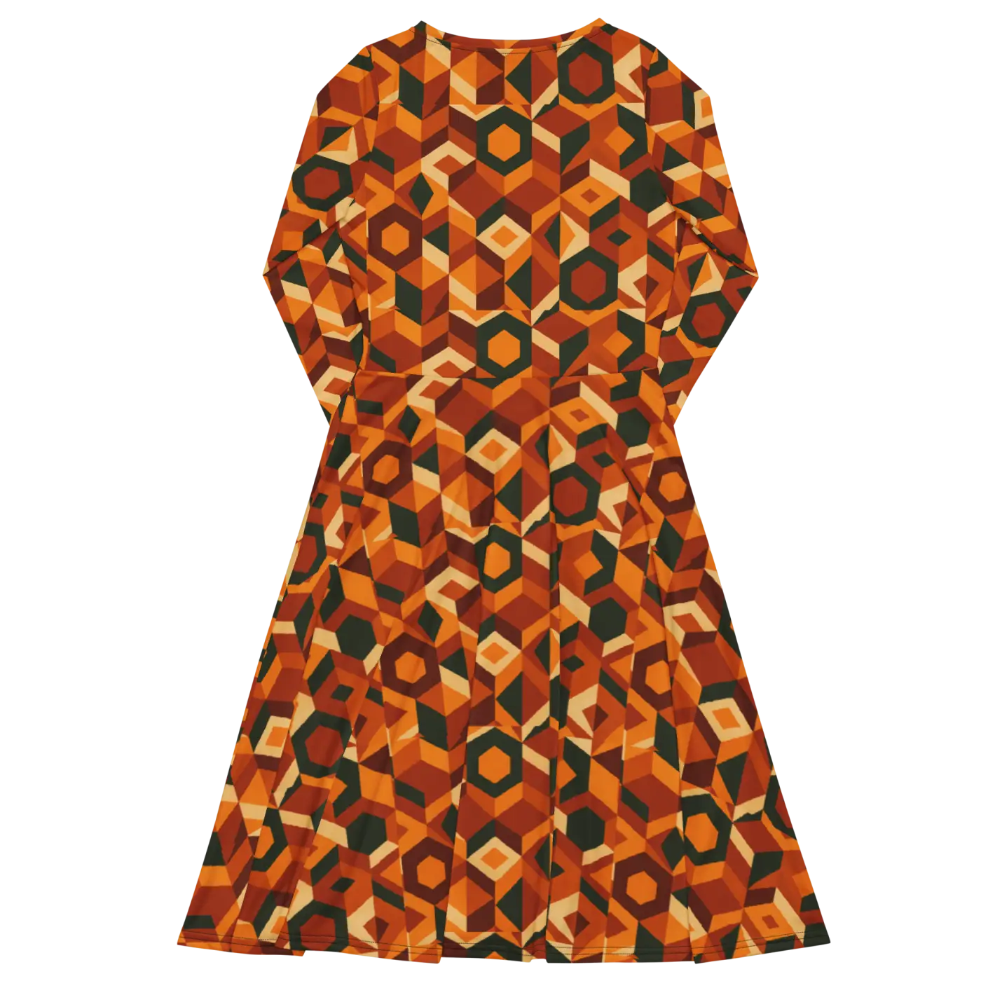 Retro Orange Geometric Print Long Sleeve Midi Dress - DipaliZ