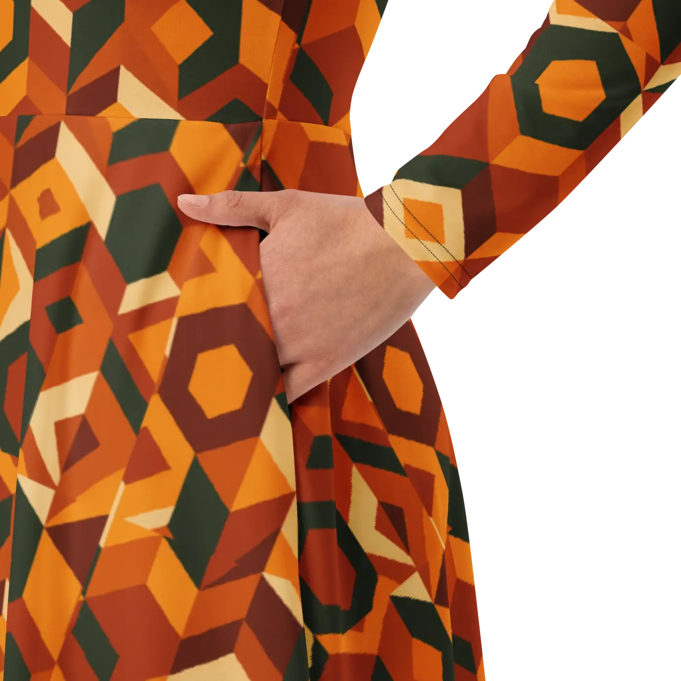 Retro Orange Geometric Print Long Sleeve Midi Dress - DipaliZ