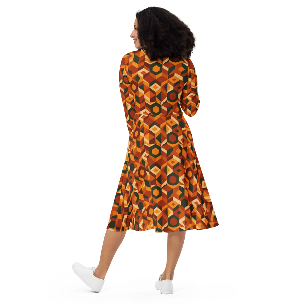 Retro Orange Geometric Print Long Sleeve Midi Dress - DipaliZ