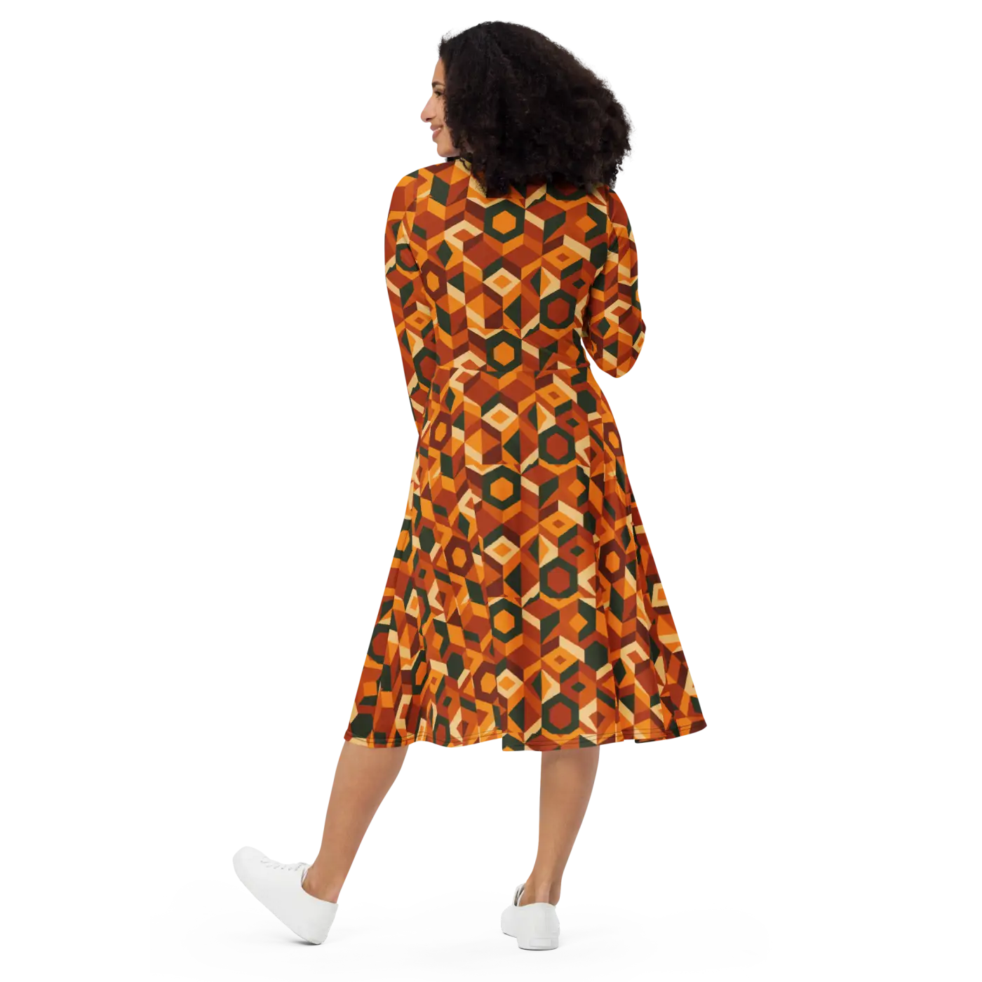 Retro Orange Geometric Print Long Sleeve Midi Dress - DipaliZ