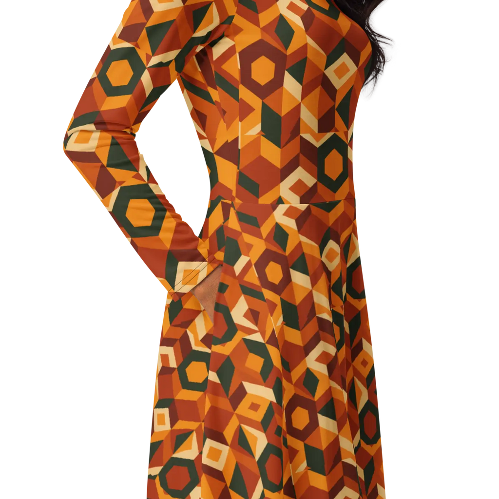 Retro Orange Geometric Print Long Sleeve Midi Dress - DipaliZ