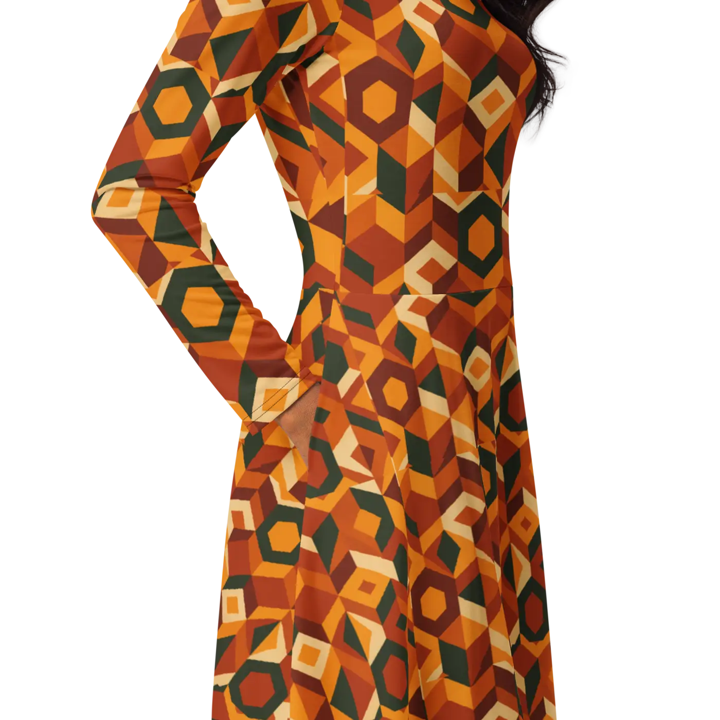 Retro Orange Geometric Print Long Sleeve Midi Dress - DipaliZ