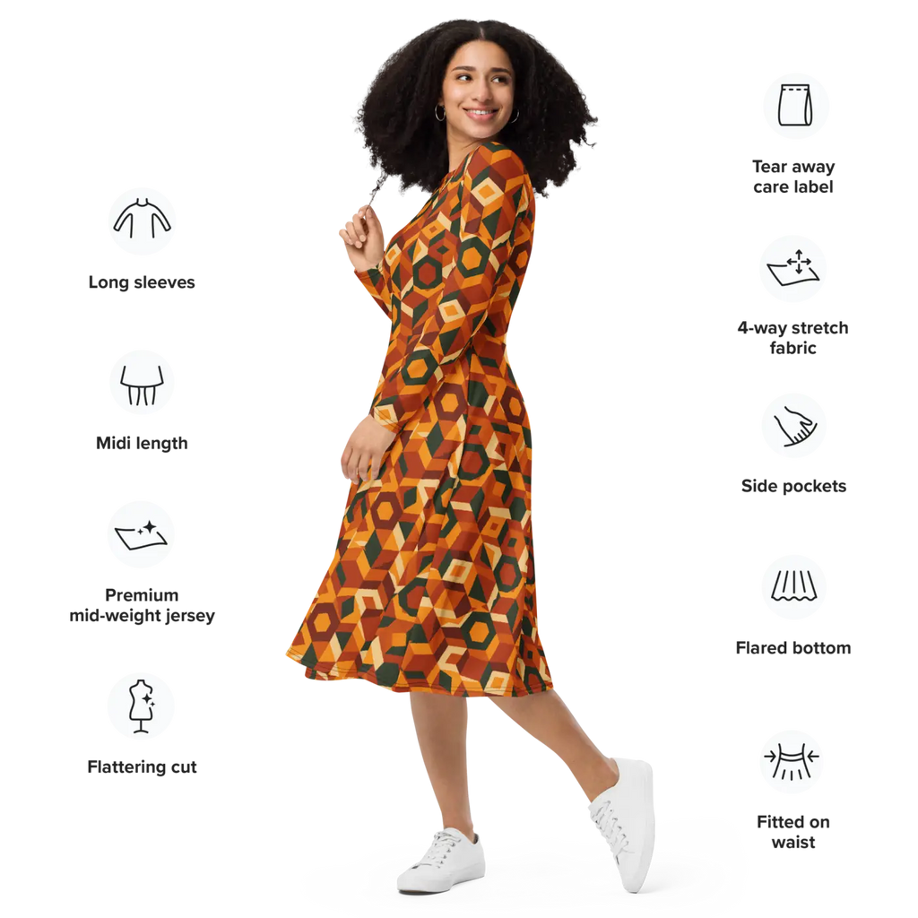 Retro Orange Geometric Print Long Sleeve Midi Dress - DipaliZ