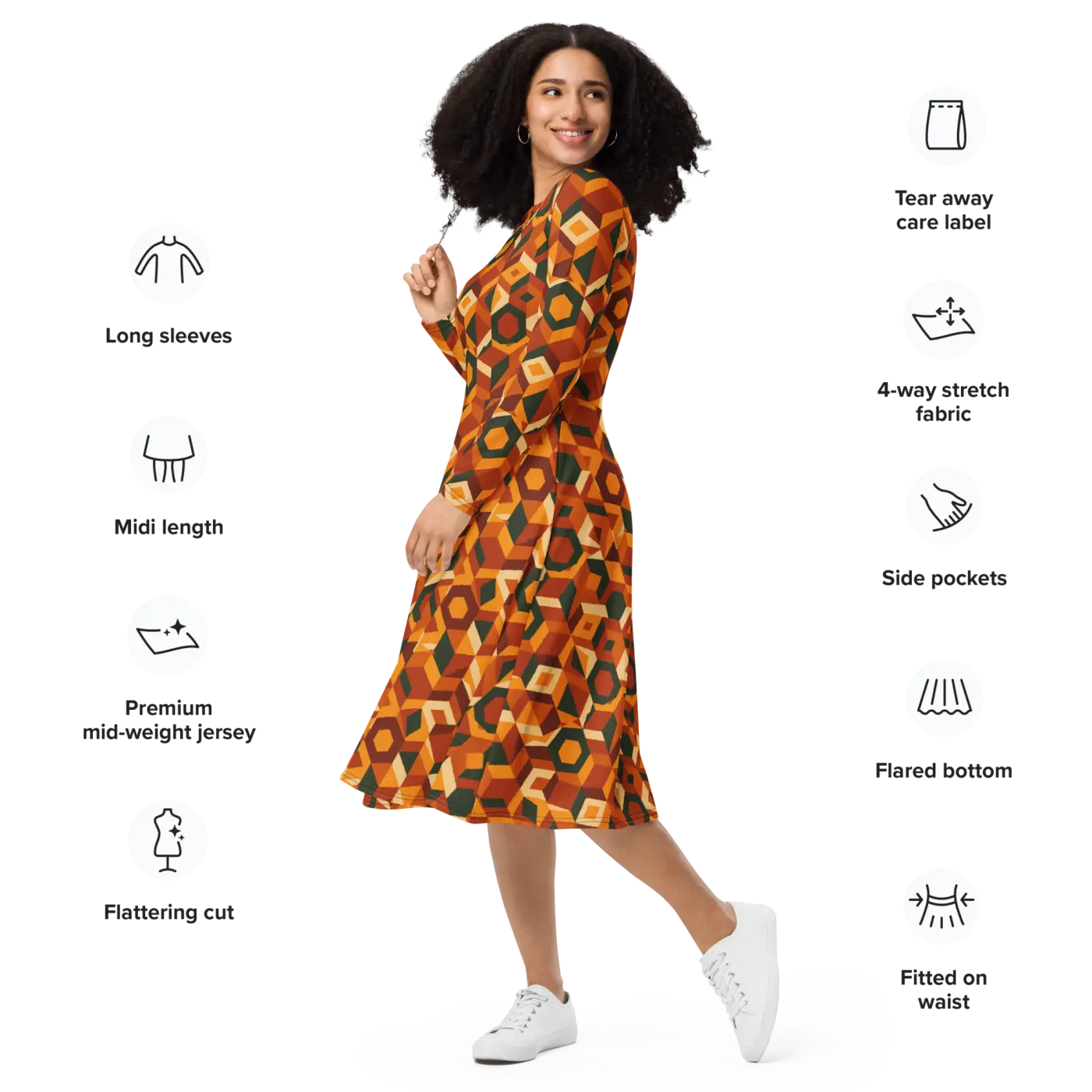 Retro Orange Geometric Print Long Sleeve Midi Dress - DipaliZ
