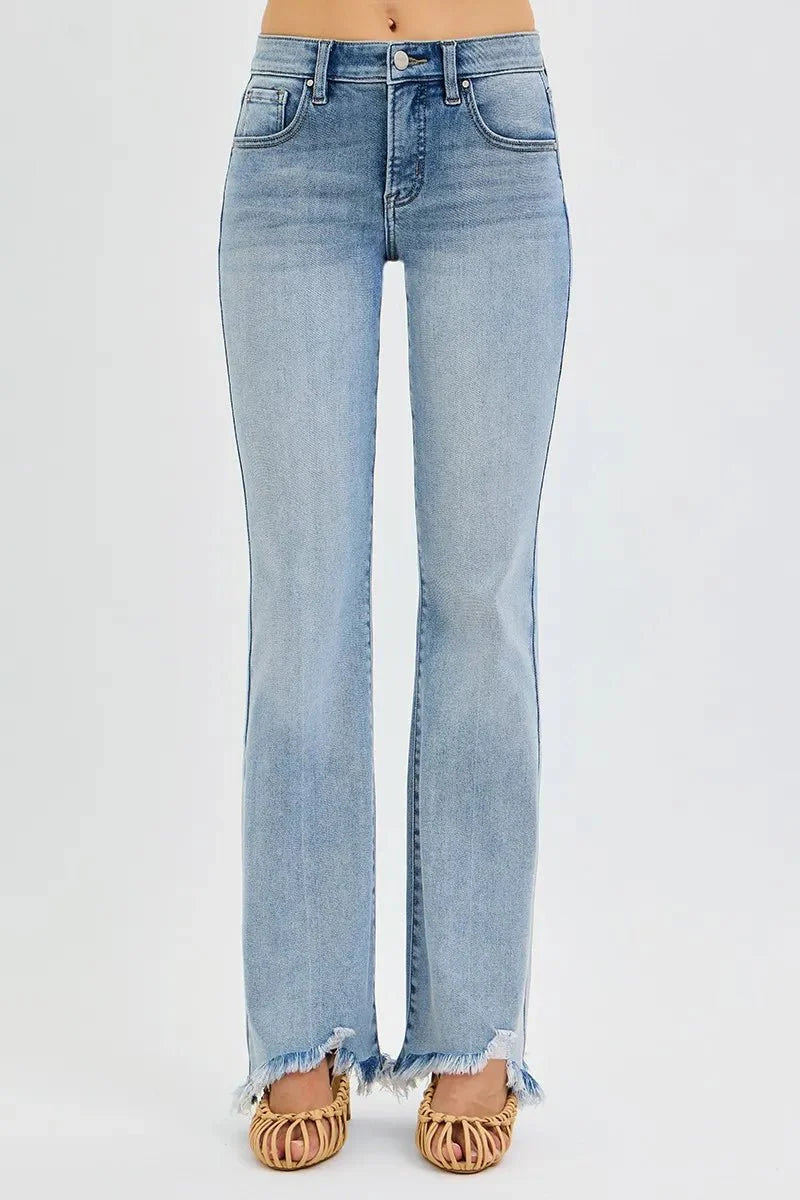 RISEN Full Size Tummy Control Mid Rise Flare Jeans with Fray Hem Detailed Plus Size