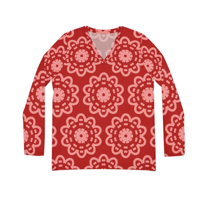 Long Sleeve Neck Shirt - Bold Red Pattern Style - DipaliZ