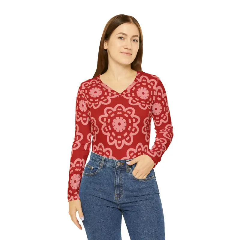 Long Sleeve Neck Shirt - Bold Red Pattern Style - DipaliZ