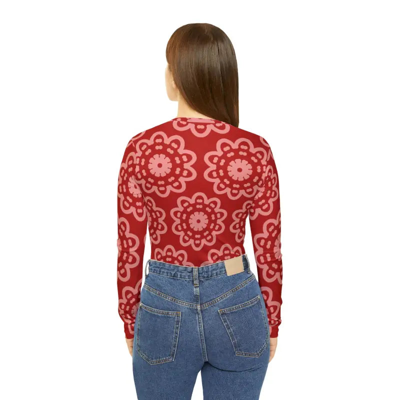 Long Sleeve Neck Shirt - Bold Red Pattern Style - DipaliZ