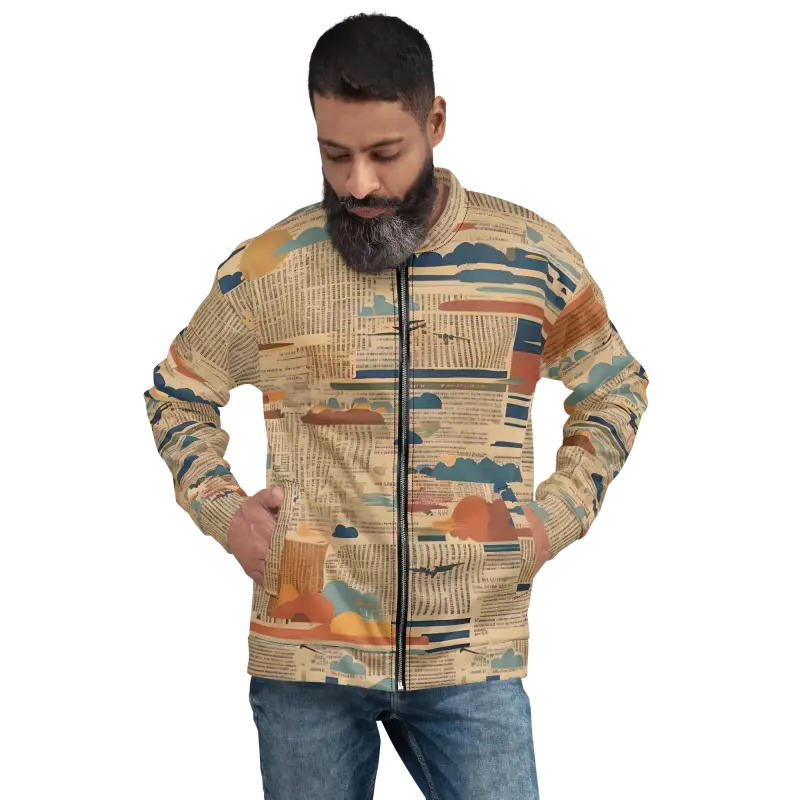 Unisex Bomber Jacket - Vintage Newspaper Print Style - DipaliZ