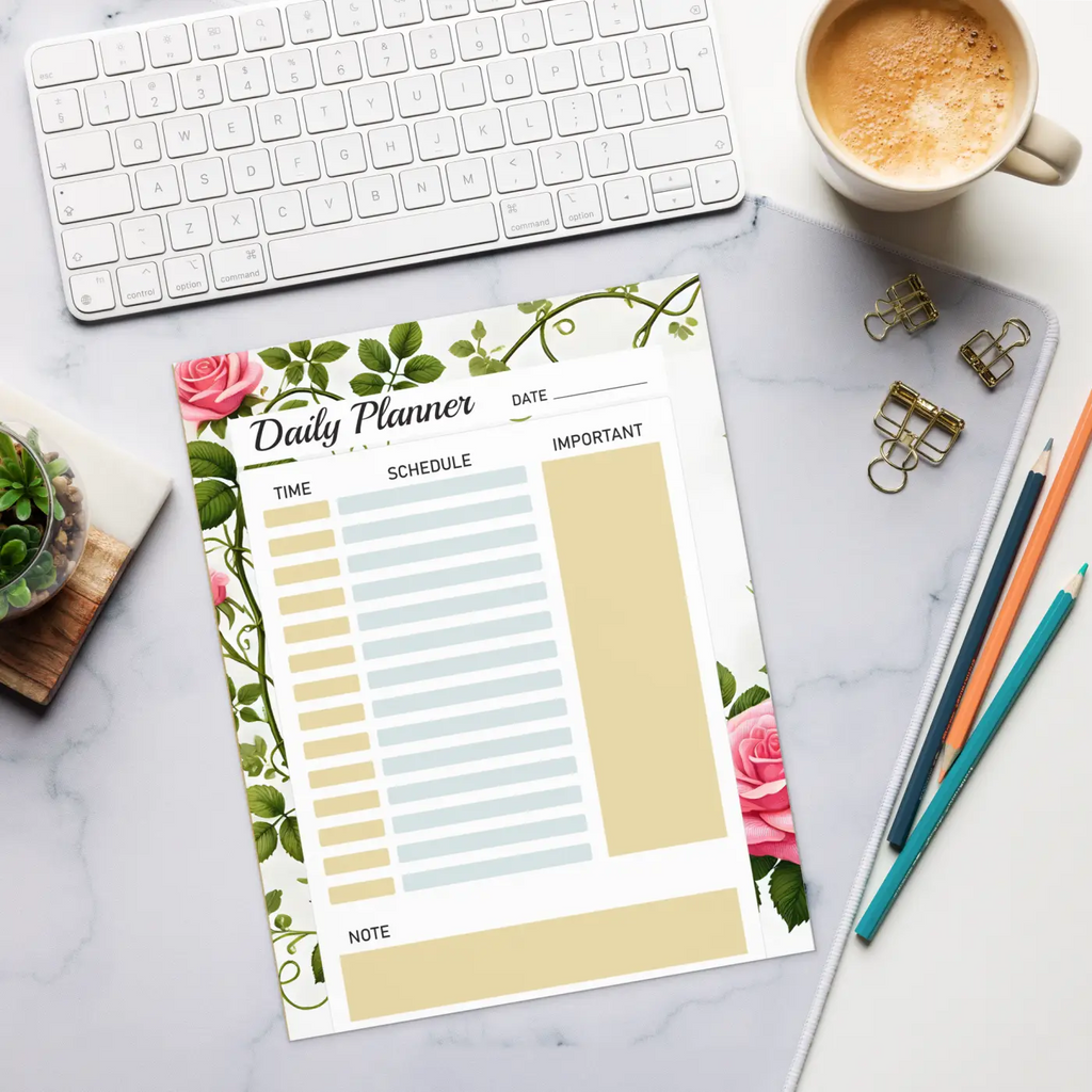 Rose Vine Daily Planner - Elegant Organization Notepad - DipaliZ