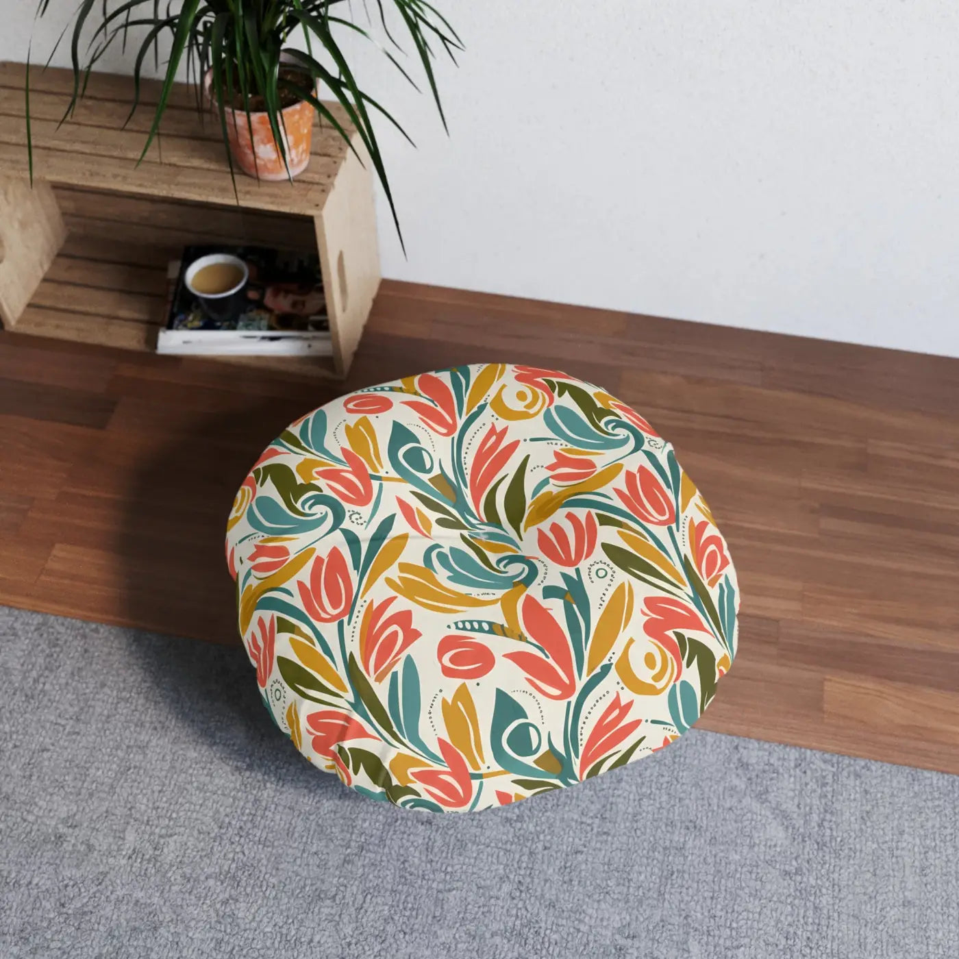 Round Tufted Floor Pillow - Retro Floral Tulip Design - DipaliZ