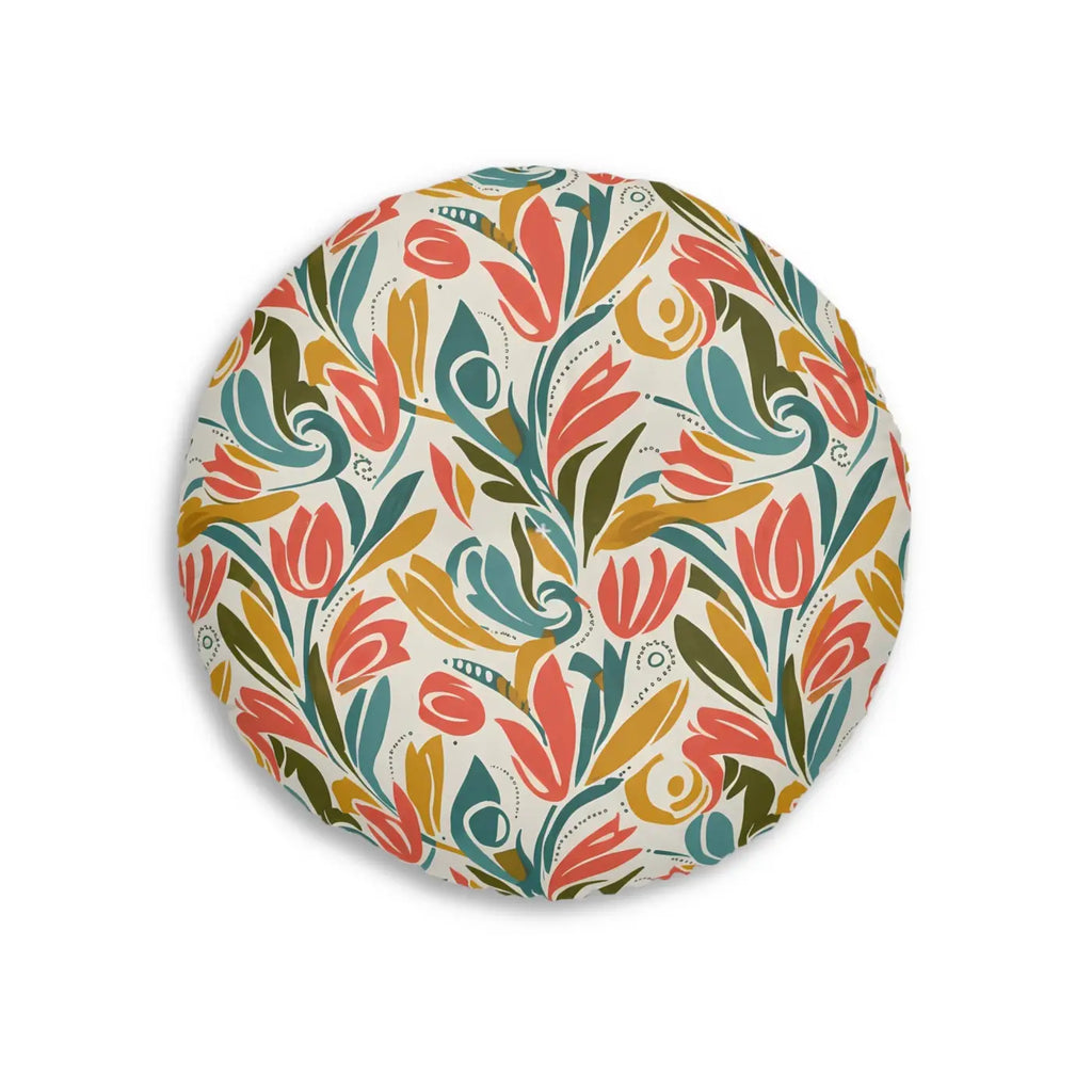 Round Tufted Floor Pillow - Retro Floral Tulip Design - DipaliZ
