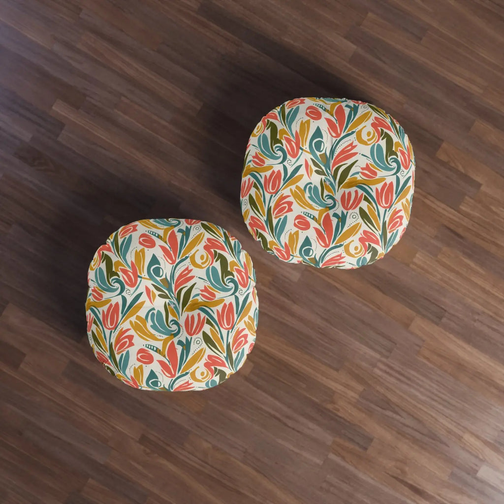 Round Tufted Floor Pillow - Retro Floral Tulip Design - DipaliZ