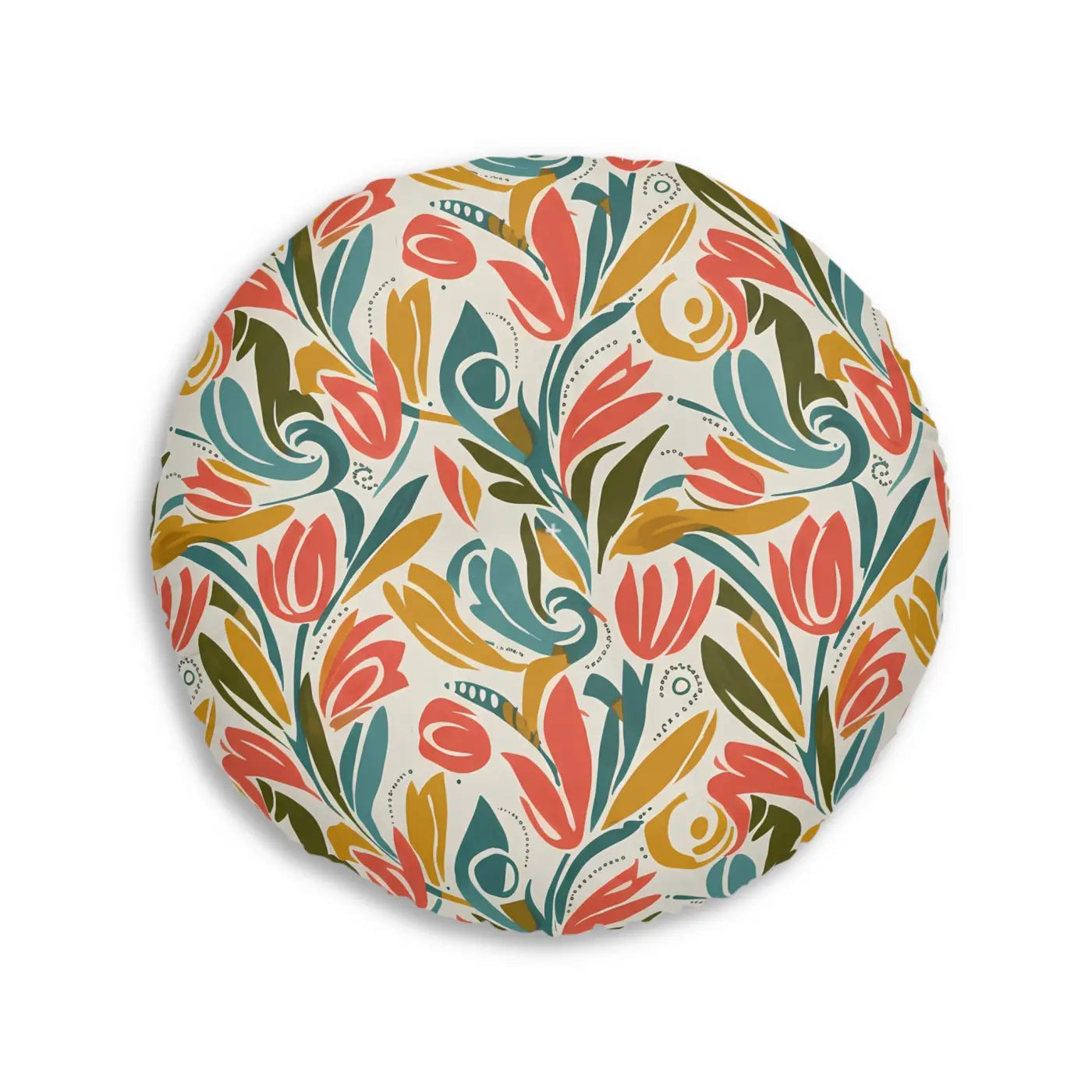 Round Tufted Floor Pillow - Retro Floral Tulip Design - DipaliZ