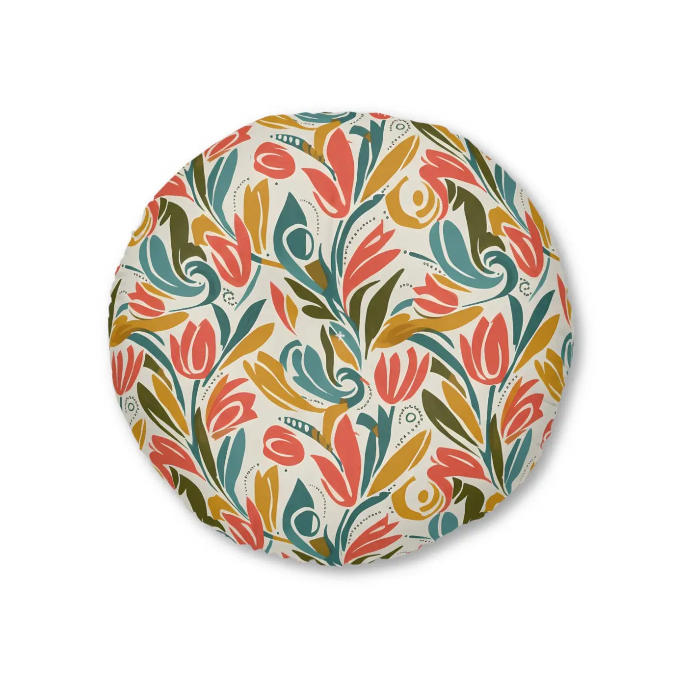 Round Tufted Floor Pillow - Retro Floral Tulip Design - DipaliZ