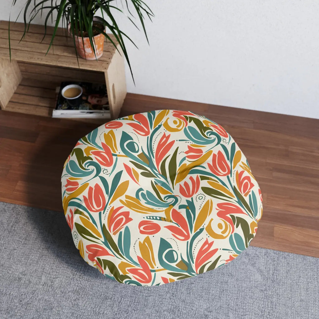 Round Tufted Floor Pillow - Retro Floral Tulip Design - DipaliZ