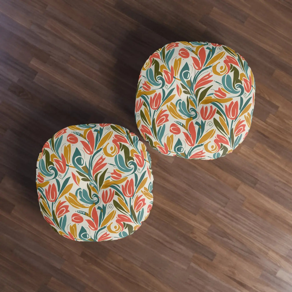 Round Tufted Floor Pillow - Retro Floral Tulip Design - DipaliZ