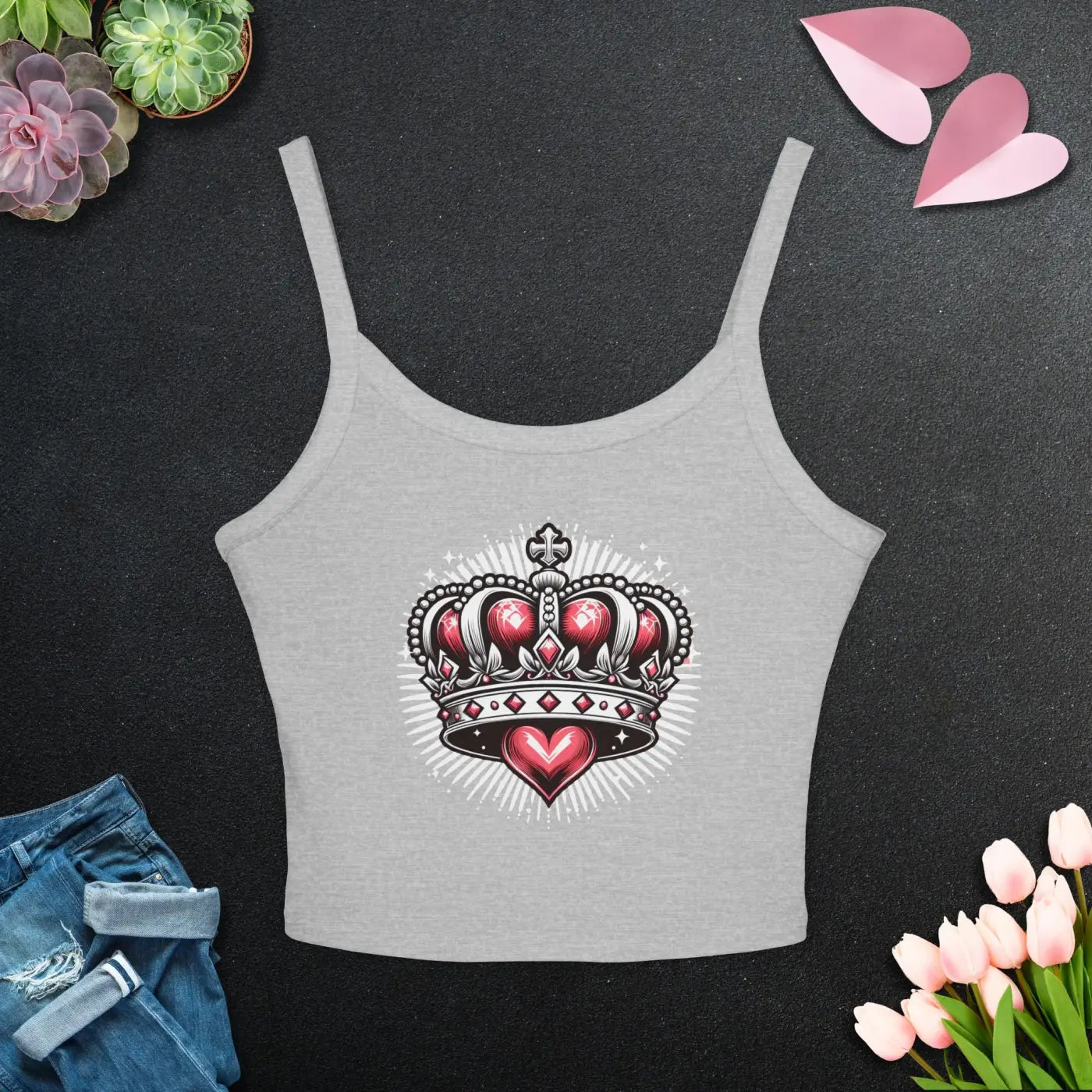 Royal Heart Crown Spaghetti Strap Tank - Regal Style - DipaliZ