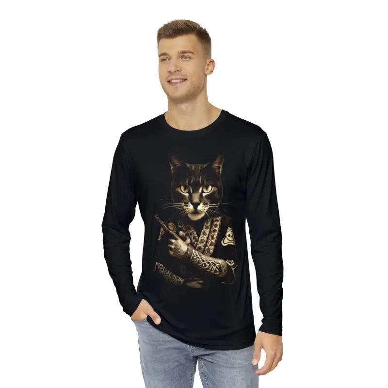 Japanese Samurai Cat Long Sleeve Tee - Feline Warrior - DipaliZ