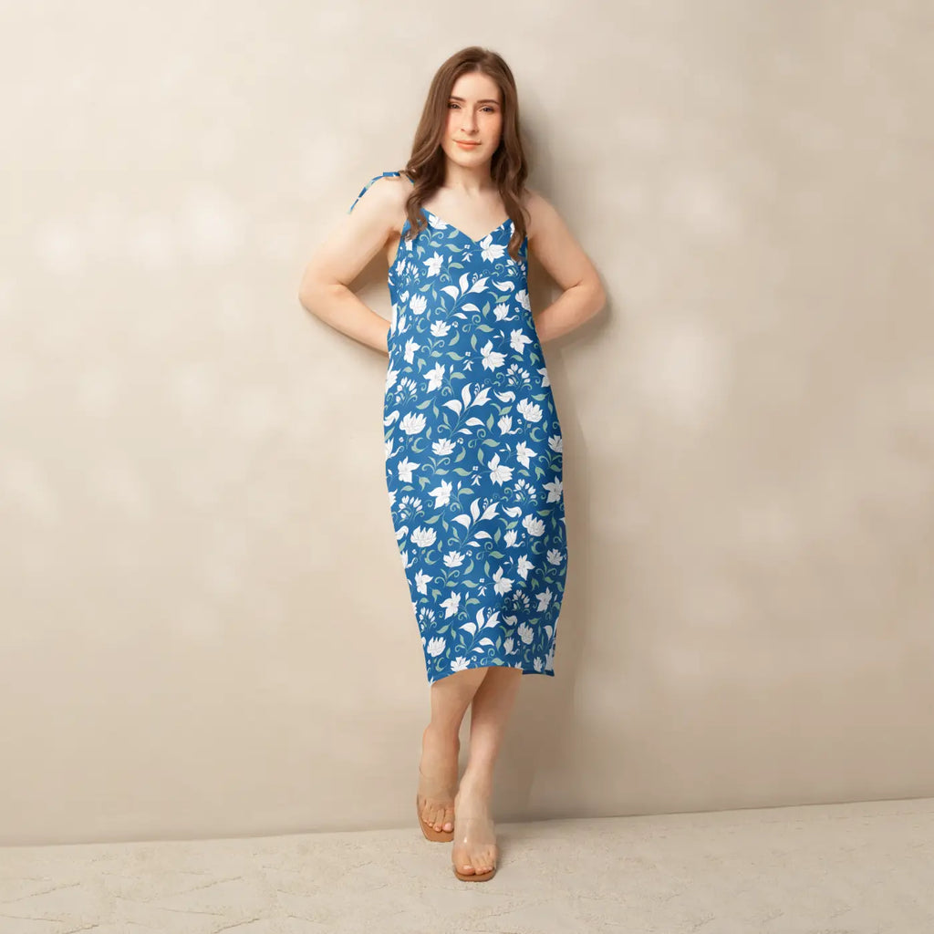 Flowers Midi Dress - Seamless White Tie-Strap - DipaliZ