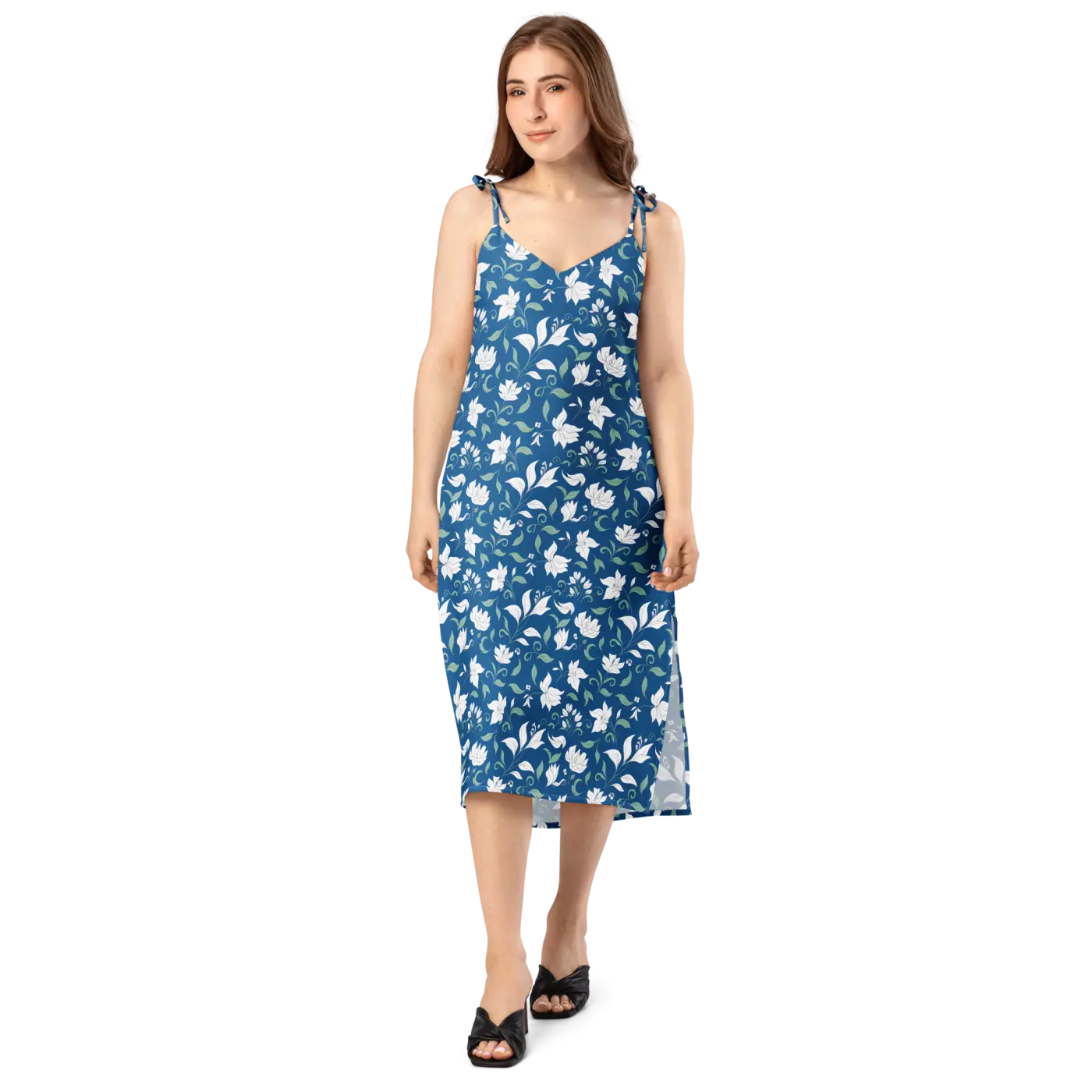 Flowers Midi Dress - Seamless White Tie-Strap - DipaliZ